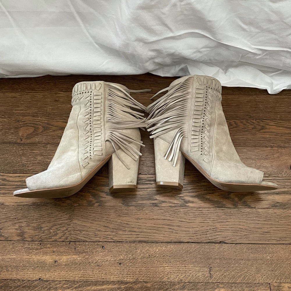 Rebecca Minkoff Iris Suede Open Toe Fringed Boots